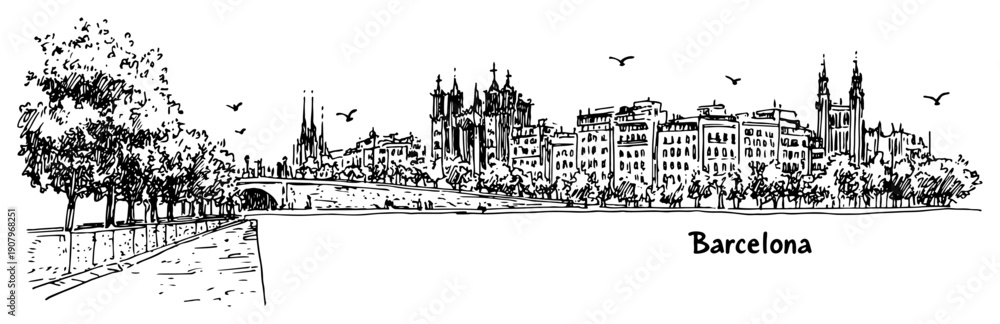 Fototapeta premium Barcelona waterfront skyline line art illustration – hand drawn Catalan cityscape vector graphic