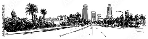 Palm lined boulevard to modern city skyline line art illustration – wide urban avenue vector graphic