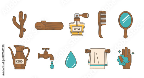 Ten wooden icons related to grooming and hygiene against a white background