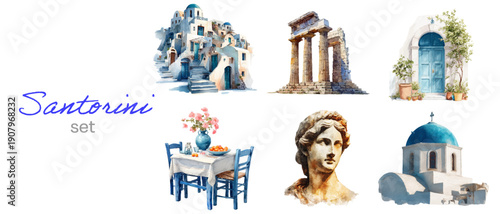 Watercolor Santorini set featuring Greek island villages, white houses with blue domes, Mediterranean landscapes, and summer travel scenes perfect for posters and holiday designs. Vector illustration.