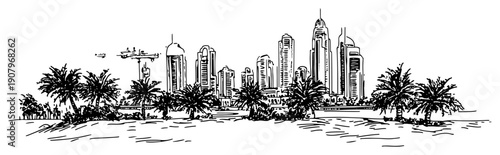 Tropical City Skyline with Palm Trees Skyscrapers and Airplanes – Black and White Vector Illustration