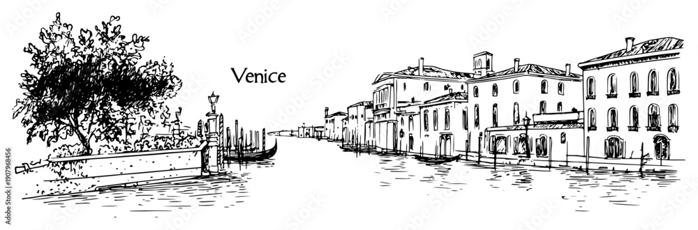 Obraz premium Venice canal promenade with facades and mooring posts hand drawn cityscape vector illustration