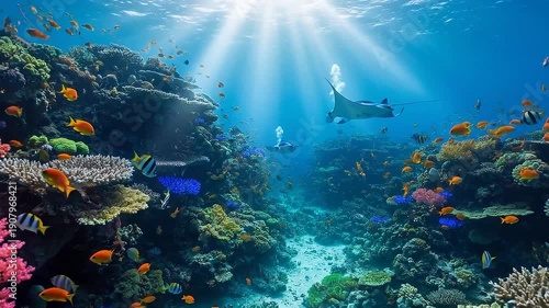 Vivid coral reef ecosystem bustling with diverse marine life under sunlight rays