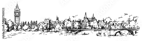 London Skyline with Big Ben Westminster and Thames Bridges – Black and White Vector Illustration