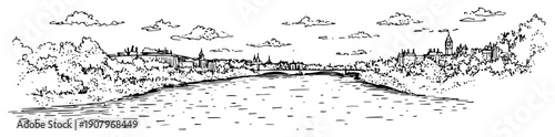 Riverside City Panorama with Trees and Distant Skyline – Black and White Vector Illustration