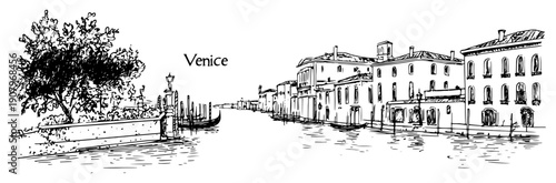 Venice canal promenade with facades and mooring posts hand drawn cityscape vector illustration