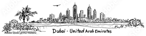 Dubai desert skyline line art illustration – hand drawn UAE city vector graphic