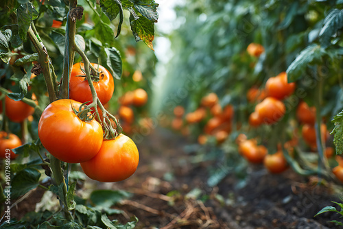 Ripening tomatoes growing in organic greenhouse agriculture