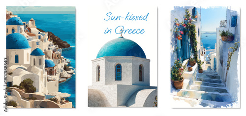 Watercolor Santorini postcard set featuring Mediterranean Greek village scenes with iconic blue domes, white houses, and orange summer sunsets over Cyclades islands. Vector illustration.