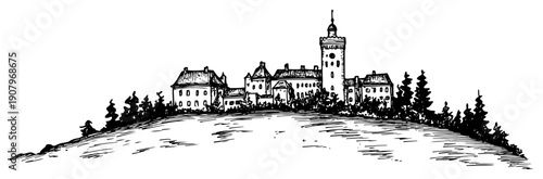 Hilltop Castle and Forest Landscape Panorama – Black and White Vector Illustration