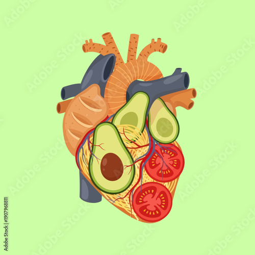 Human Heart with Avocado and Tomatoes Inside.