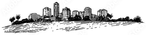 Sandy shore skyline line art illustration – hand drawn coastal cityscape vector graphic