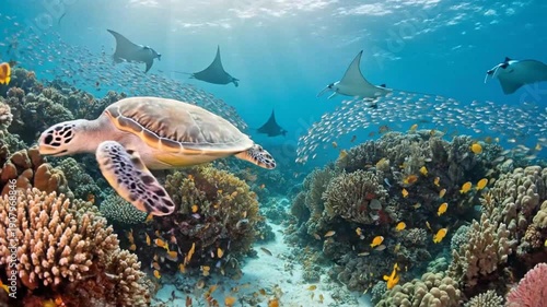 Vibrant Coral Reef Ecosystem with Diverse Marine Life and Colorful Fish Species