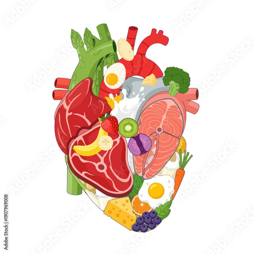Heart Shaped Food Arrangement with Meat and Vegetables.