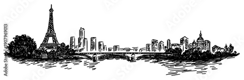 Paris skyline along Seine with Eiffel Tower bridge and riverside hand drawn cityscape vector illustration
