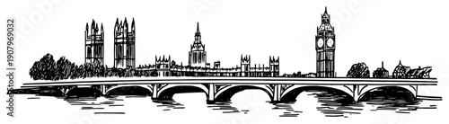 London Westminster skyline with Big Ben parliament and bridge over River Thames hand drawn cityscape vector illustration