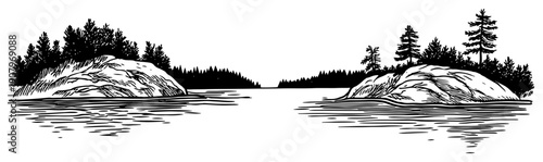 Rocky Islands and Pine Forest on Calm Lake Panorama – Black and White Vector Illustration