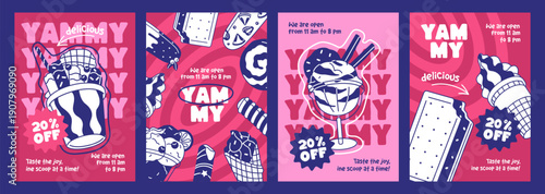 Ice cream cafe advertising posters designs set. Promotion templates with special offers and sale for icecream. Layout with summer desserts, popsicle, sundae, gelato, sorbet. Flat vector illustrations