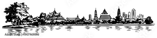 Bangkok City Skyline with Temples and Modern Skyscrapers Across River – Black and White Vector Illustration