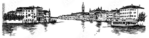 Venetian Grand Canal skyline line art illustration – hand drawn Italy cityscape vector graphic
