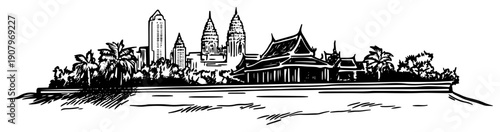 Bangkok Waterfront with Traditional Temple and Modern Skyline – Black and White Vector Illustration