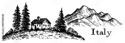 Alpine mountain landscape Italy with cottage and pine trees black and white hand drawn vector illustration