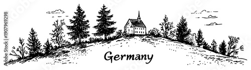 Germany countryside hill with chapel and pine trees black and white hand drawn landscape vector illustration
