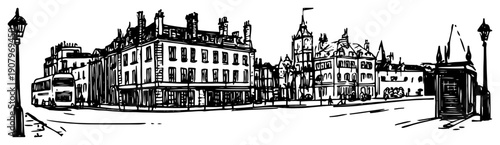 Edinburgh city street panorama line art illustration – hand drawn Scottish capital vector graphic