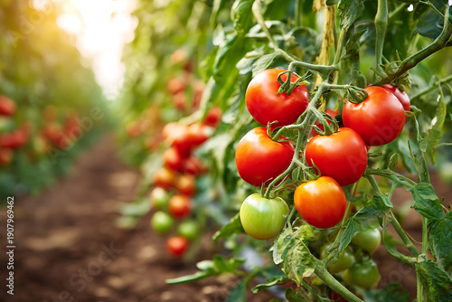 Ripening red tomatoes growing in a greenhouse