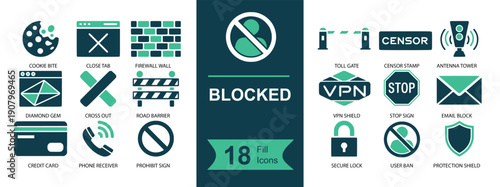 Blocked icon set. Containing access denied, censorship, content filter, firewall, VPN, privacy, lock, shield, stop sign, barrier gate, spam, restricted and more. Solid icons collection