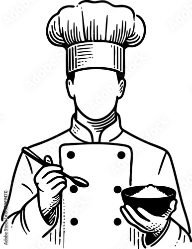 Minimalist vector graphic of chef preparing food outline. Restaurant staff concept illustration holding kitchen utensils. Professional chef holding bowl and spoon vector illustration