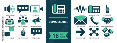 Communication icon set. Containing phone, call center, email, chat, message, video meeting, megaphone, handshake, network, feedback, rating, and more. Solid vector icons collection