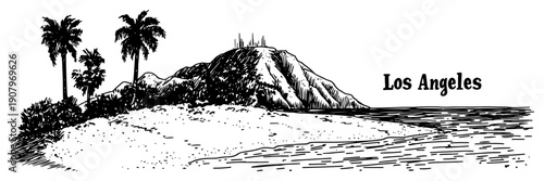 Los Angeles Coastal Beach with Palm Trees and Hills Panorama – Black and White Vector Illustration