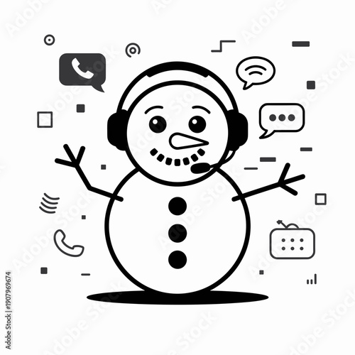 Professional snowman with headset vector, communication concept.