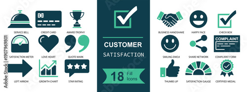 Customer satisfaction icon set. Containing rating, review, feedback, bell, complaint, approval, smiley, handshake, quality badge, loyalty and more. Solid fill vector icons collection