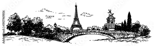 Paris Eiffel Tower and Ornate River Bridge Park Panorama – Black and White Vector Illustration