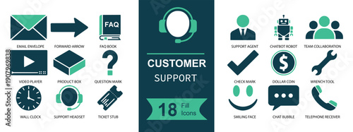 Customer support icon set. Containing email, FAQ, helpdesk, video, package, question, time, headset, ticket, agent, chatbot, team, chat, phone and more. Solid fill vector icons collection