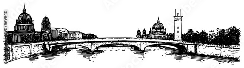 Historic European Riverside City with Domes Bell Towers and Stone Bridge Panorama – Black and White Vector Illustration