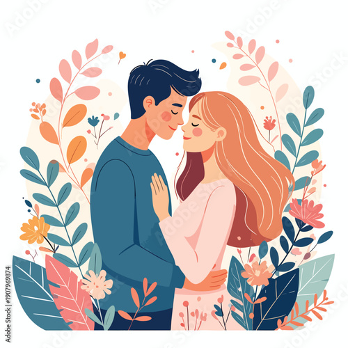 A young couple embracing tenderly surrounded by vibrant flowers and lush greenery in a serene garden setting from a gentle close-up viewpoint