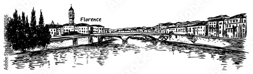 Florence Arno river skyline line art illustration – hand drawn Italian cityscape vector graphic