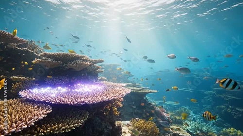 Vibrant undersea coral reef ecosystem with colorful fish and sun rays shining through the water