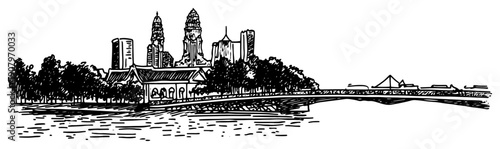 Bangkok skyline with temple waterfront line art illustration – hand drawn Thai city vector graphic