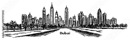 Dubai skyline with palm lined boulevard black and white hand drawn cityscape vector illustration