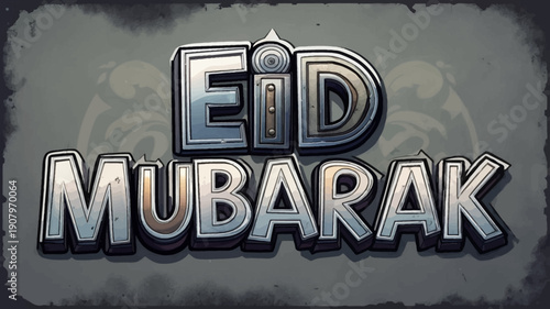 Eid Mubarak typography illustration with metallic lettering and cultural symbols in a celebratory design