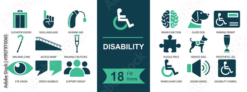 Disability icon set. Containing wheelchair, accessibility, hearing aid, sign language, service dog, ramp, cane, crutch, prosthetic, autism and more. Solid fill vector icons collection