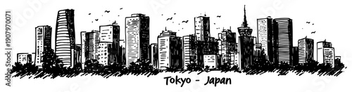Tokyo skyline panorama modern high rise buildings black and white hand drawn cityscape vector illustration