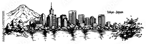 Tokyo Skyline with Mount Fuji and City Reflections Panorama – Black and White Vector Illustration