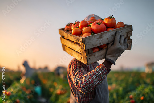 Farmer harvesting fresh tomatoes carrying crate on shoulder