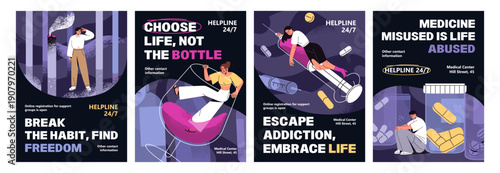 Set of advertising posters of helpline for people with drug, cigarette and alcohol addictions. Characters abuse, have dependence. Promotion templates of rehab medical center. Flat vector illustrations