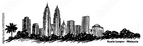 Kuala Lumpur Skyline with Petronas Towers and Tropical City Panorama – Black and White Vector Illustration